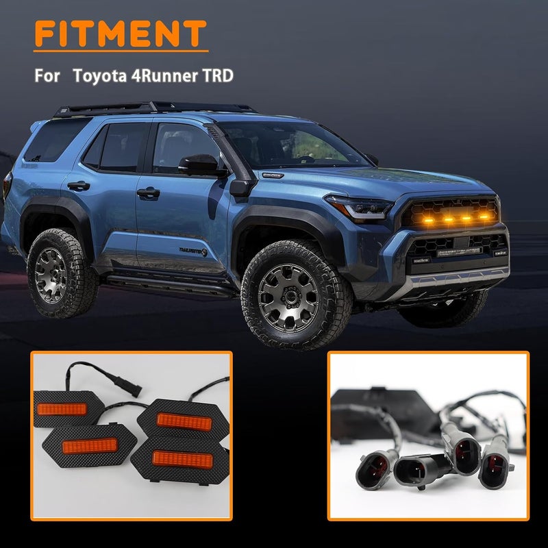ZDEERAOTO 4pc Smoked Housing Amber LED Front Centra Grille Lights DRL Feature Kit for Toyota 4runner 2025 TRD & TRD PRO & Trailhunter,OEM Grill Led Grill Light for 4Runner Accessories (Yellow) - Image 4